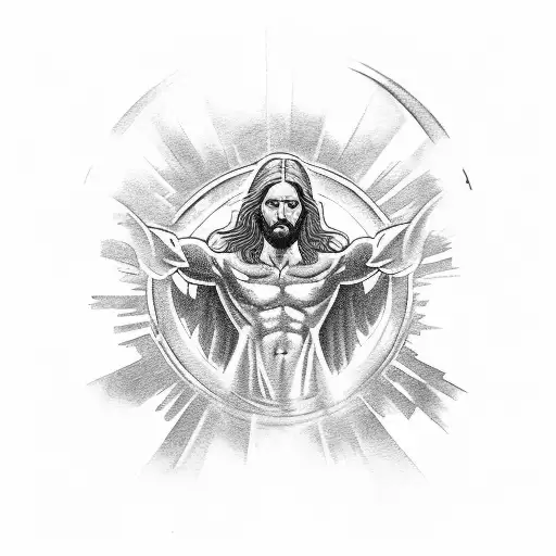A powerful depiction of a fighter in a victorious stance, surrounded by a halo of light, representing the strength and hope that Jesus brings to your life. tattoo design idea