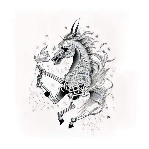 tattoo stencil art of a skeletal horse with fire coming out of its nose tattoo design idea