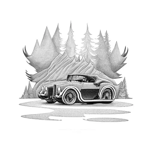 A black and grey tattoo of a demonic cat driving a vintage car through a haunting forest tattoo design idea