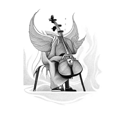 A demon playing a dark melody on a cello while sipping on a Coca Cola tattoo design idea