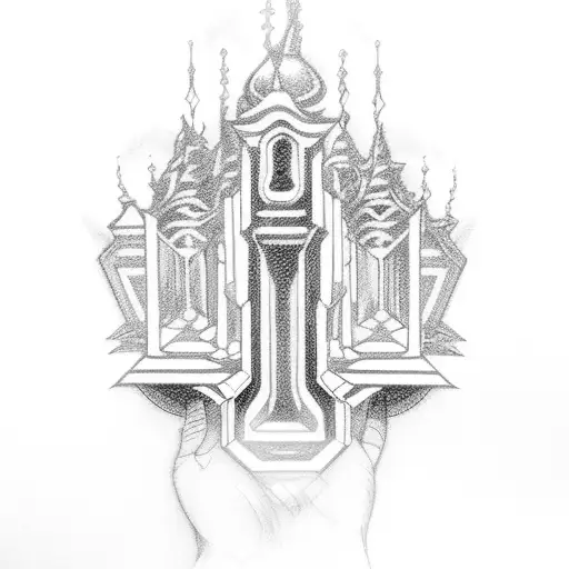 cyber outline of dark catholic chapel tattoo design idea