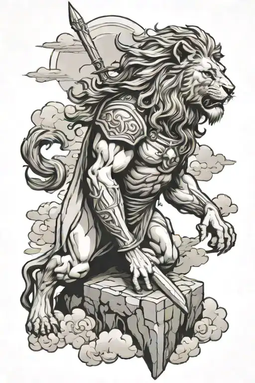 Jesus, Lion, Tomb empty with a sword in the clouds  tattoo design idea