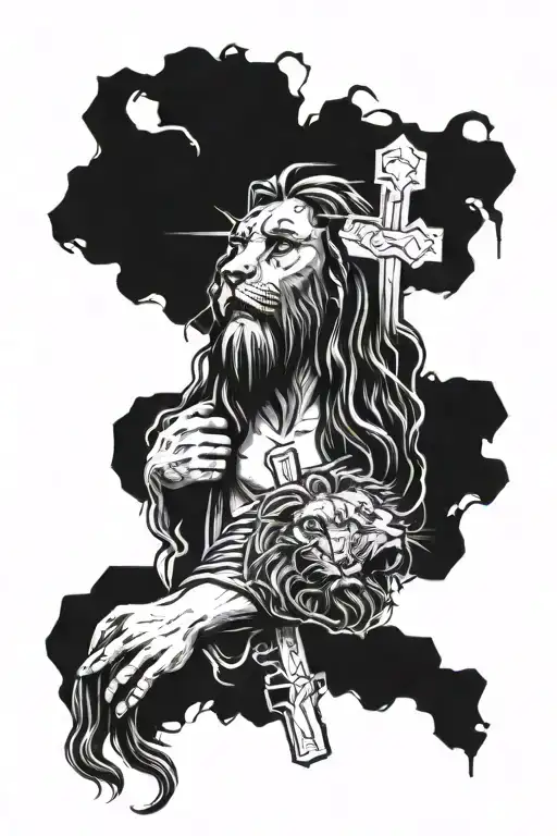 Jesus, Lion, Tomb, Nails, Crosses tattoo design idea