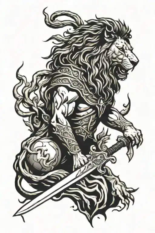 Jesus, Lion, Tomb empty with a sword tattoo design idea