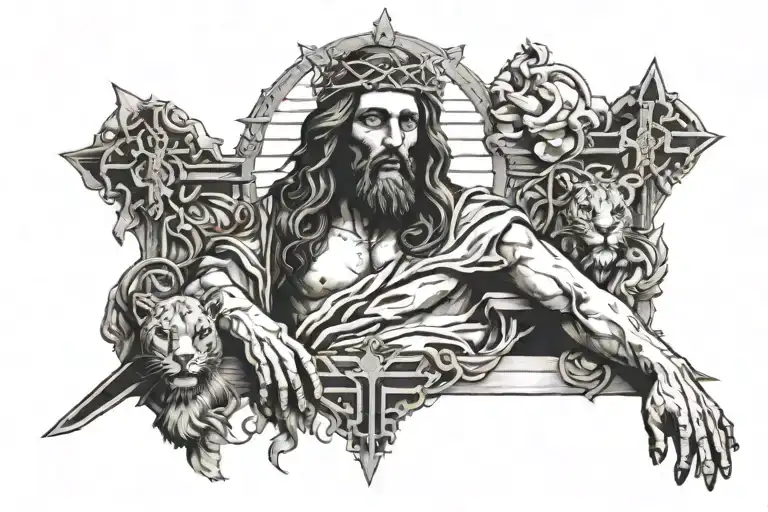 Jesus, Lion, Tomb, Nails, Crosses   tattoo design idea