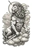 Jesus, Lion, Tomb empty with a sword in the clouds  tattoo design idea