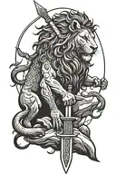 Jesus, Lion, Tomb empty with a sword tattoo design idea