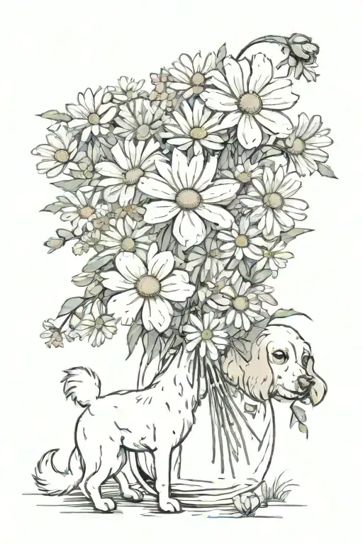 i want a little flower bouquet with a cosmos and daisy inside wit a dog pas on the side tattoo design idea
