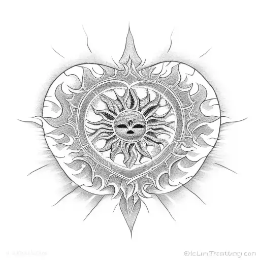 A dotwork tattoo showcasing a heart-shaped sun with skeletal rays and intricate flower patterns tattoo design idea