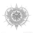 A dotwork tattoo showcasing a heart-shaped sun with skeletal rays and intricate flower patterns tattoo design idea