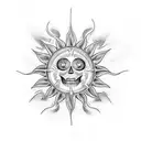 A dotwork tattoo showcasing a heart-shaped sun with skeletal rays and intricate flower patterns tattoo design idea