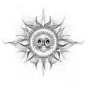 A dotwork tattoo showcasing a heart-shaped sun with skeletal rays and intricate flower patterns tattoo design idea