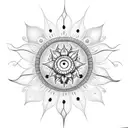 A dotwork tattoo showcasing a heart-shaped sun with skeletal rays and intricate flower patterns tattoo design idea