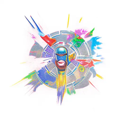 A vibrant new-school tattoo depicting various African superheroes from both Marvel and DC comics in a dynamic battle scene tattoo design idea