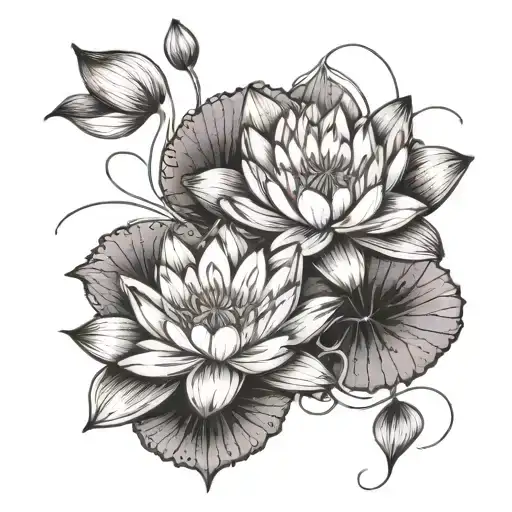 two water lilies intertwined in burgundy and Magenta with a little greenery showing tattoo design idea