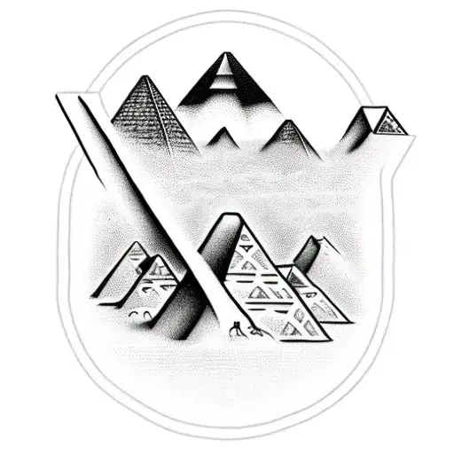 camels walking besides the pyramids with an ankh above the design tattoo design idea