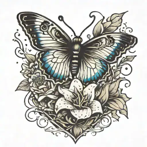 Butterfly with 888 sitting on anchor in a field of stargazing lillies  tattoo design idea