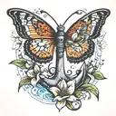 Butterfly with 888 sitting on anchor in a field of stargazing lillies  tattoo design idea