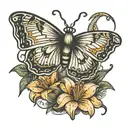 Butterfly with 888 sitting on anchor in a field of stargazing lillies  tattoo design idea