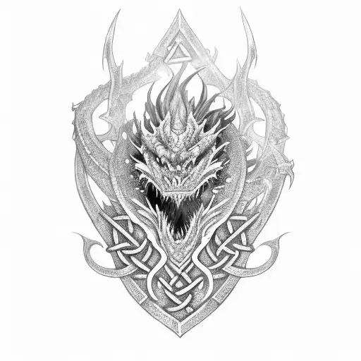 an Irish dragon with flames in profile entangled in a sword.no  tattoo design idea