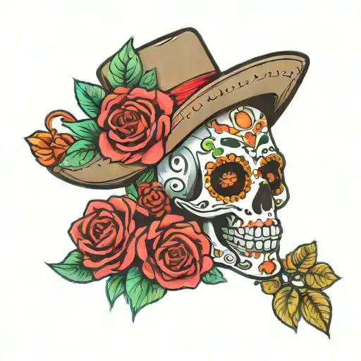 dias the los muertos with a dollar bill, rose, and neon colors tattoo design idea