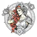 Blindfolded Aphrodite holding scales adorned in armor tattoo design idea