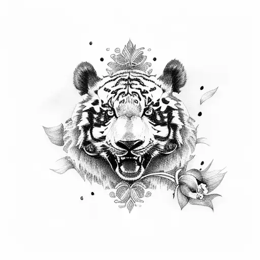 panda with tiger lily tattoo design idea