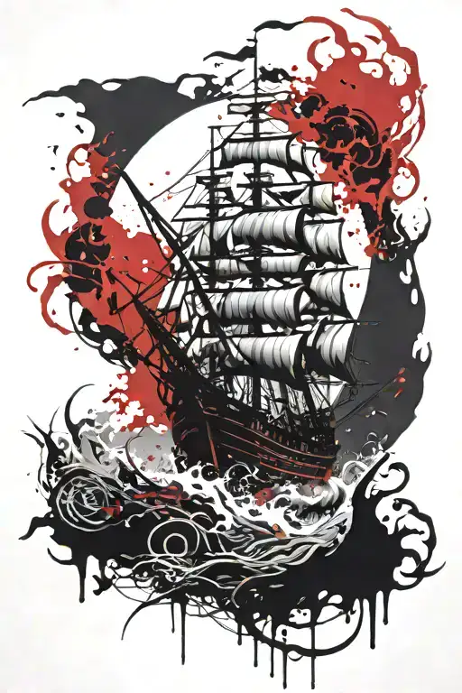 pirate ship under sea monster tattoo design idea