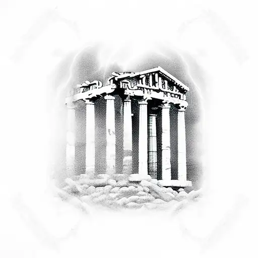 greek columns with a thunderstorm in the background and zeus on top of them tattoo design idea