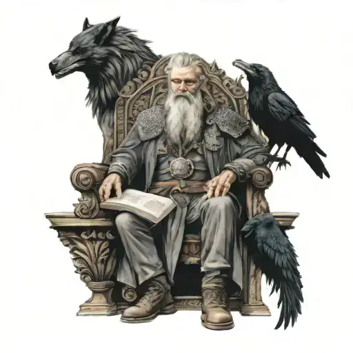 Scandinavian style, god Odin sits on a throne with 2 ravens and 2 wolves, holds an open book in his hands, Valkyries nearby tattoo design idea