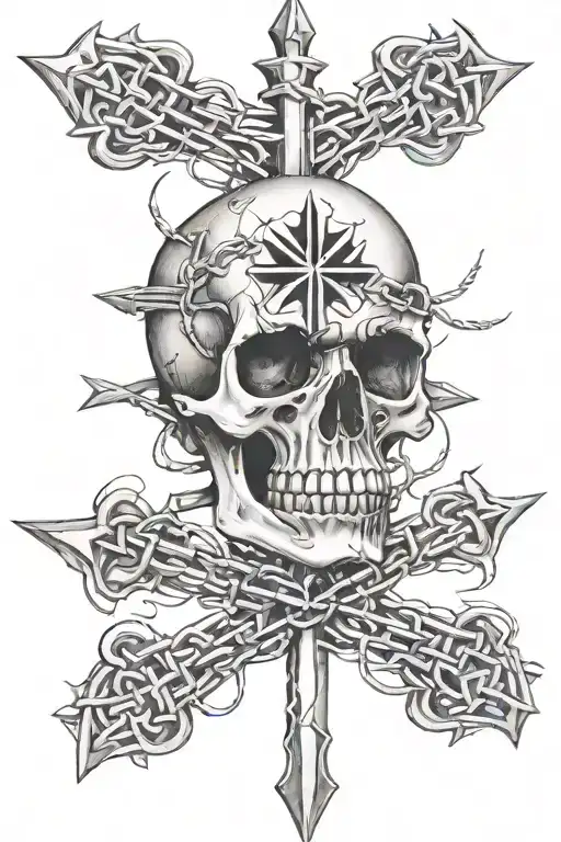 skull wrapped in barbed wire with an iron cross tattoo design idea