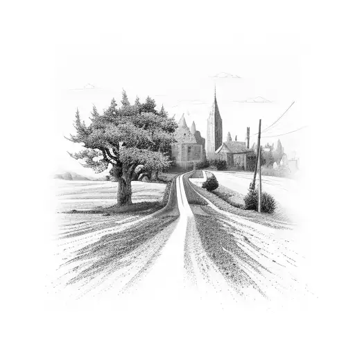 A country road winding through a cityscape tattoo design idea