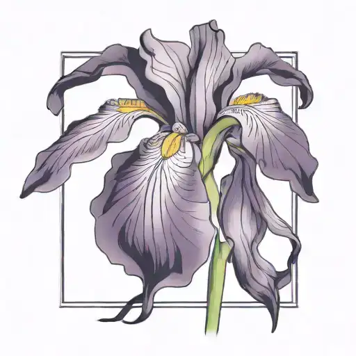 single purple iris with stem curving around spelling tattoo design idea
