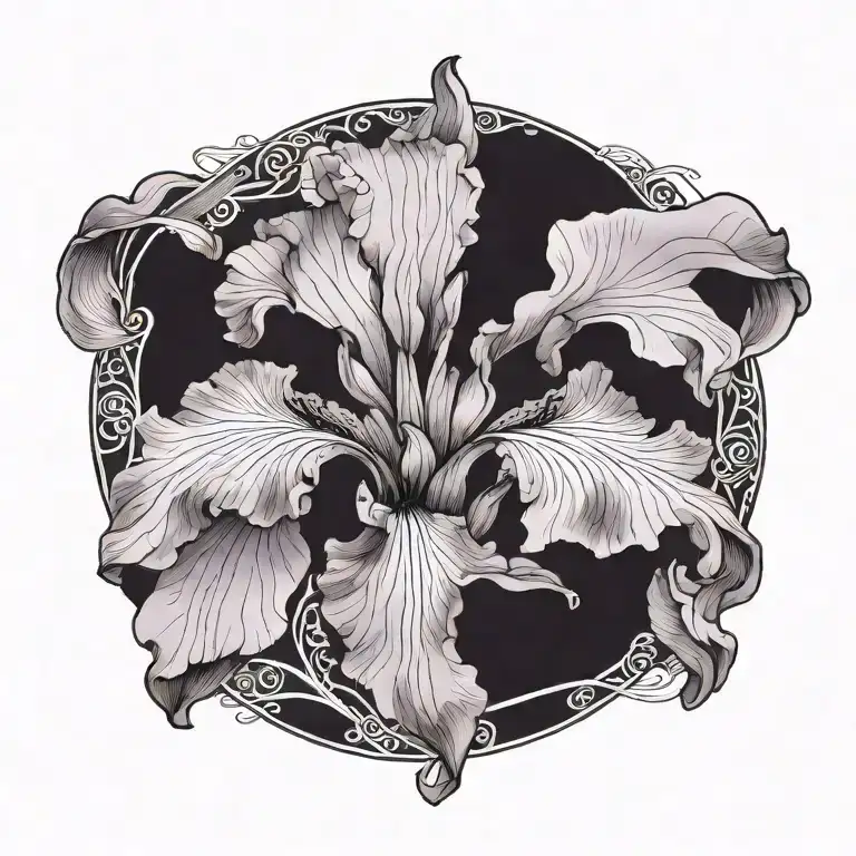 single purple iris with stem curving around spelling tattoo design idea