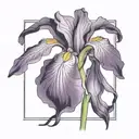 single purple iris with stem curving around spelling tattoo design idea