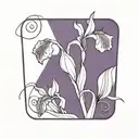 single purple iris with stem curving around spelling tattoo design idea