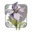 single purple iris with stem curving around spelling tattoo design idea
