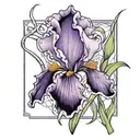 single purple iris with stem curving around spelling tattoo design idea