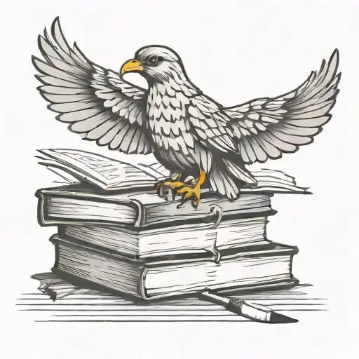 A traditional tattoo design of a bird perched on a stack of law books, symbolizing knowledge and wisdom in the legal field tattoo design idea