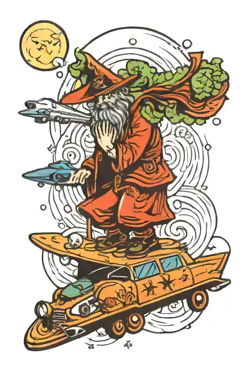 skateboard moon wizard fireball police car cabbage tattoo design idea