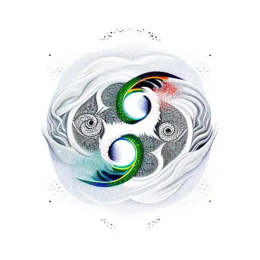 Phoenix and Japanese Wave in Ying Yang symbol tattoo design idea