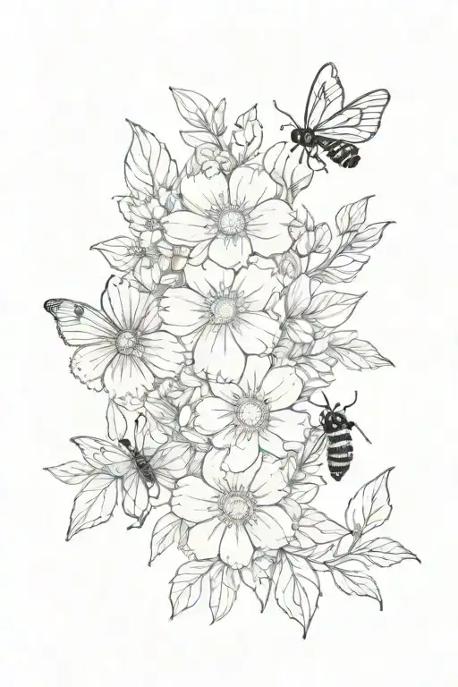 April, June, January, May, September, & April birth flowers. Fine line details inspects and bugs,small butterflies, bees tattoo design idea