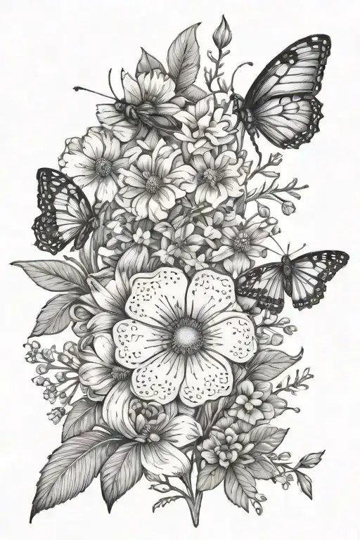 April, June, January, May, September, & April birth flowers. Fine line details inspects and bugs,small butterflies, bees tattoo design idea