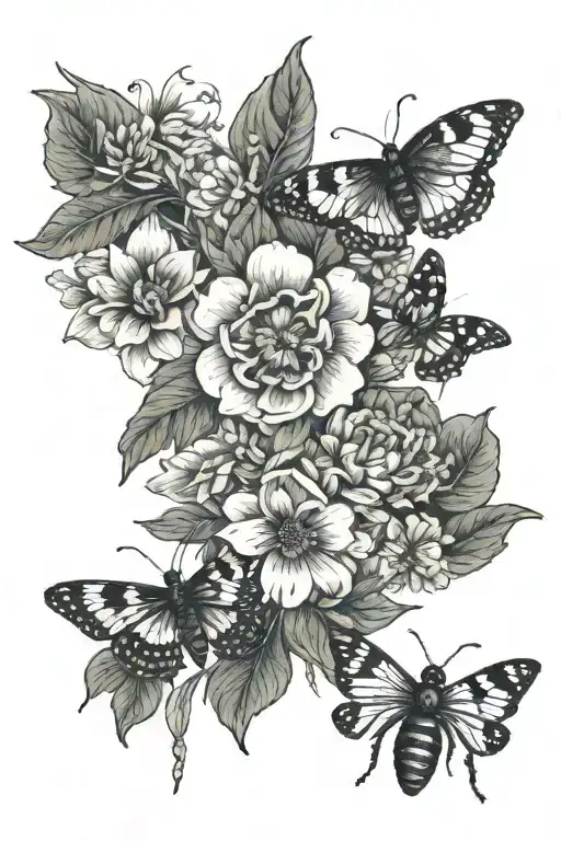 April, June, January, May, September, & April birth flowers. Fine line details inspects and bugs,small butterflies, bees tattoo design idea