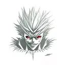 Death note ryuk and light hands with the red apple. ryuk shadow flying over it tattoo design idea
