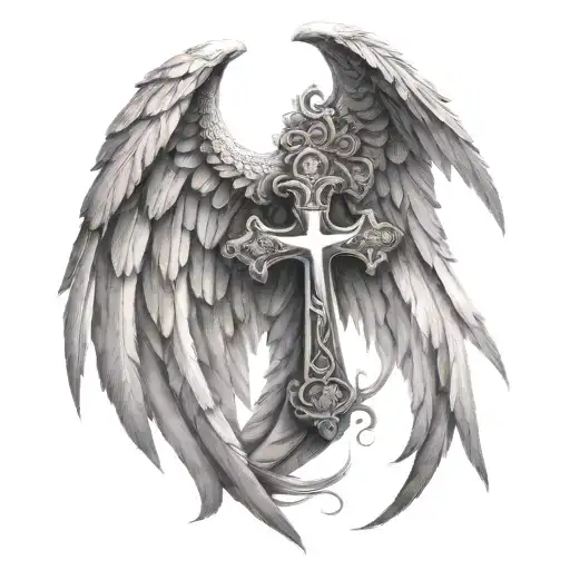 cross with half bath wing half angel wings tattoo design idea