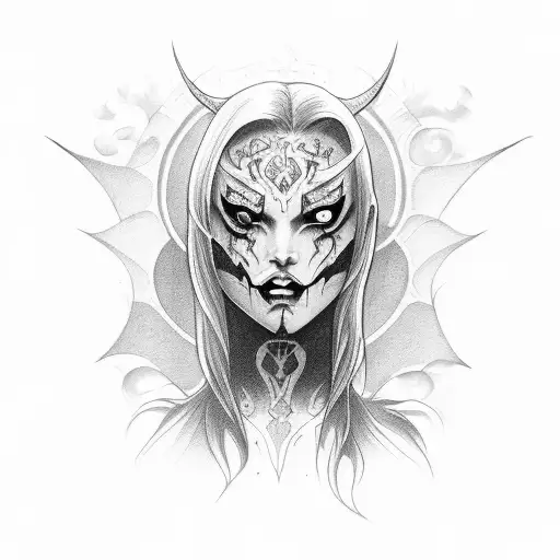 demon's face girl with shadows around tattoo design idea