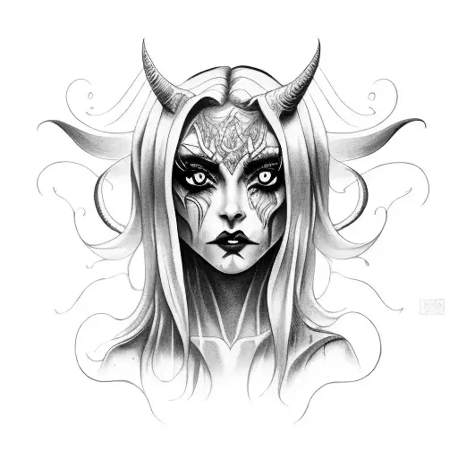 demon's face girl with shadows around tattoo design idea