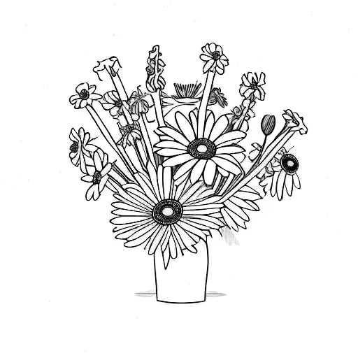 bouquet of daisy, marigold, moring glory,  Gladiolus flower in a small bouquet tattoo design idea