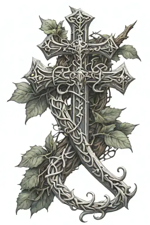 Cross made into a sword wrapped by thorny vine tattoo design idea